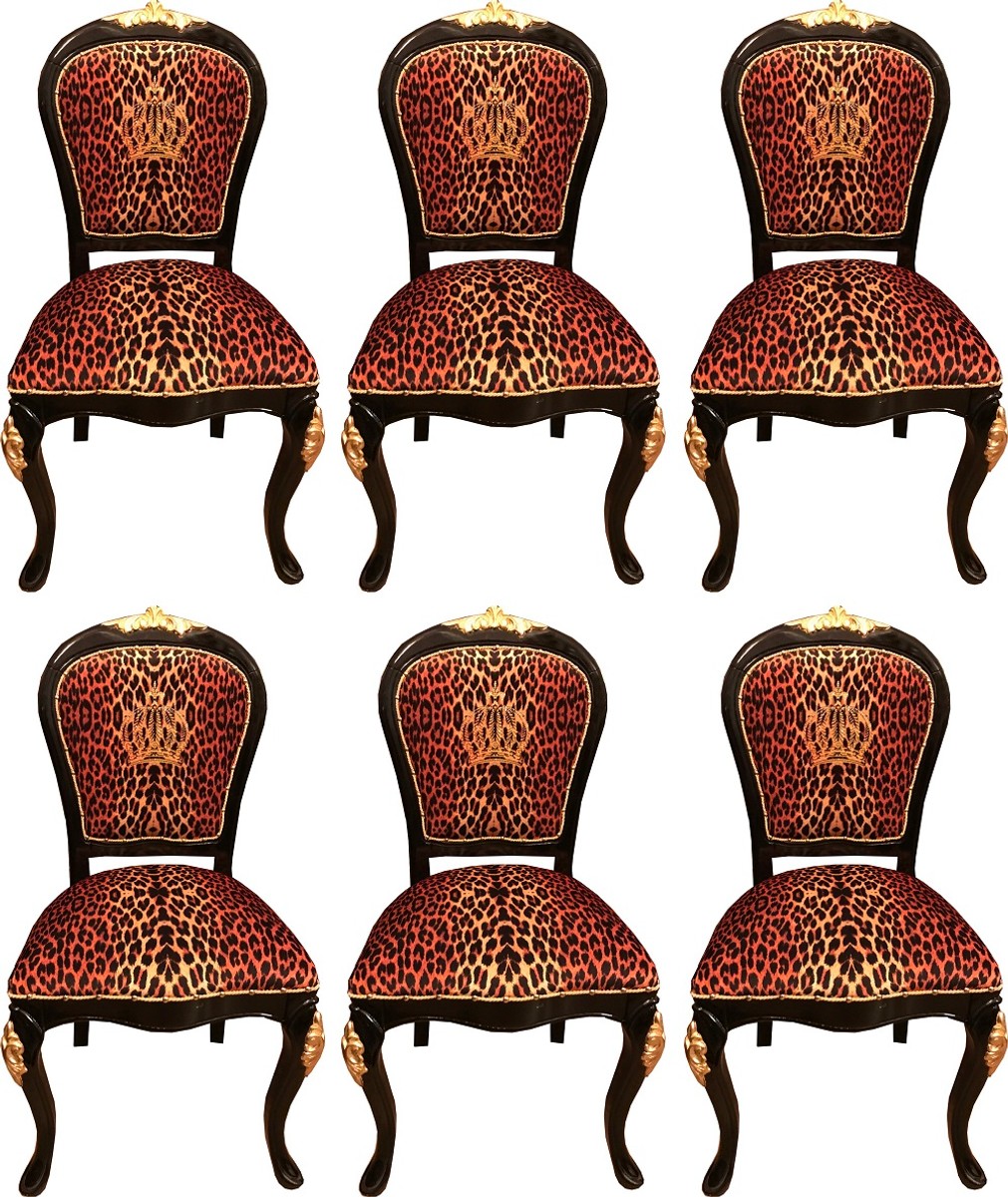 Pompöös by Luxus Barock Esszimmerstühle Krone mit Glitzersteinen Leopard / Schwarz / Gold - Esszimmer Set - 6 Pompööse Barock Stühle designed by Harald Glööckler