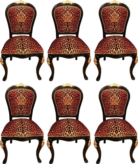 Pompöös by Luxus Barock Esszimmerstühle Krone mit Glitzersteinen Leopard / Schwarz / Gold - Esszimmer Set - 6 Pompööse Barock Stühle designed by Harald Glööckler