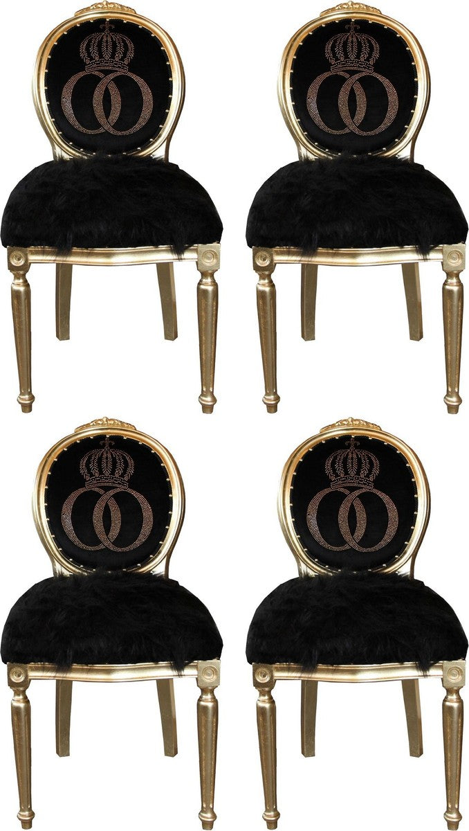 Pompöös by Luxus Barock Esszimmerstühle Kunstfell Schwarz / Gold Krone mit Glitzersteinen 50 x 60 x H. 104 cm - Pompööse Barock Stühle designed by Harald Glööckler - 4 Esszimmerstühle