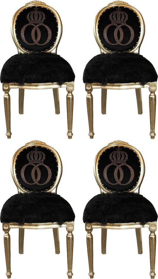 Pompöös by Luxus Barock Esszimmerstühle Kunstfell Schwarz / Gold Krone mit Glitzersteinen 50 x 60 x H. 104 cm - Pompööse Barock Stühle designed by Harald Glööckler - 4 Esszimmerstühle