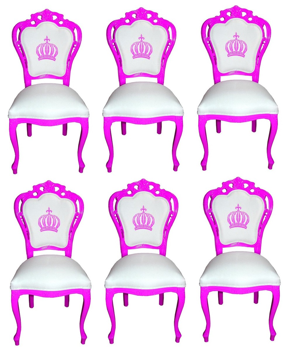 Pompöös by Luxus Barock Esszimmerstühle Weiß / Magenta - Pompööse Barock Stühle designed by Harald Glööckler - 6 Esszimmerstühle - Barock Esszimmermöbel