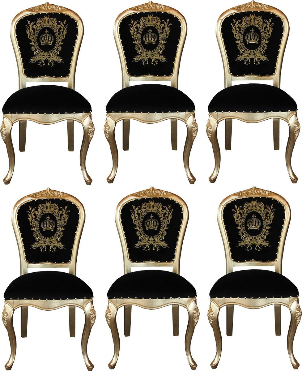 Pompöös by Luxus Barock Esszimmerstühle mit Krone Schwarz / Gold - Pompööse Barock Stühle designed by Harald Glööckler - 6 Esszimmerstühle