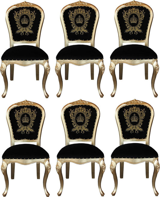 Pompöös by Luxus Barock Esszimmerstühle mit Krone Schwarz / Gold - Pompööse Barock Stühle designed by Harald Glööckler - 6 Esszimmerstühle