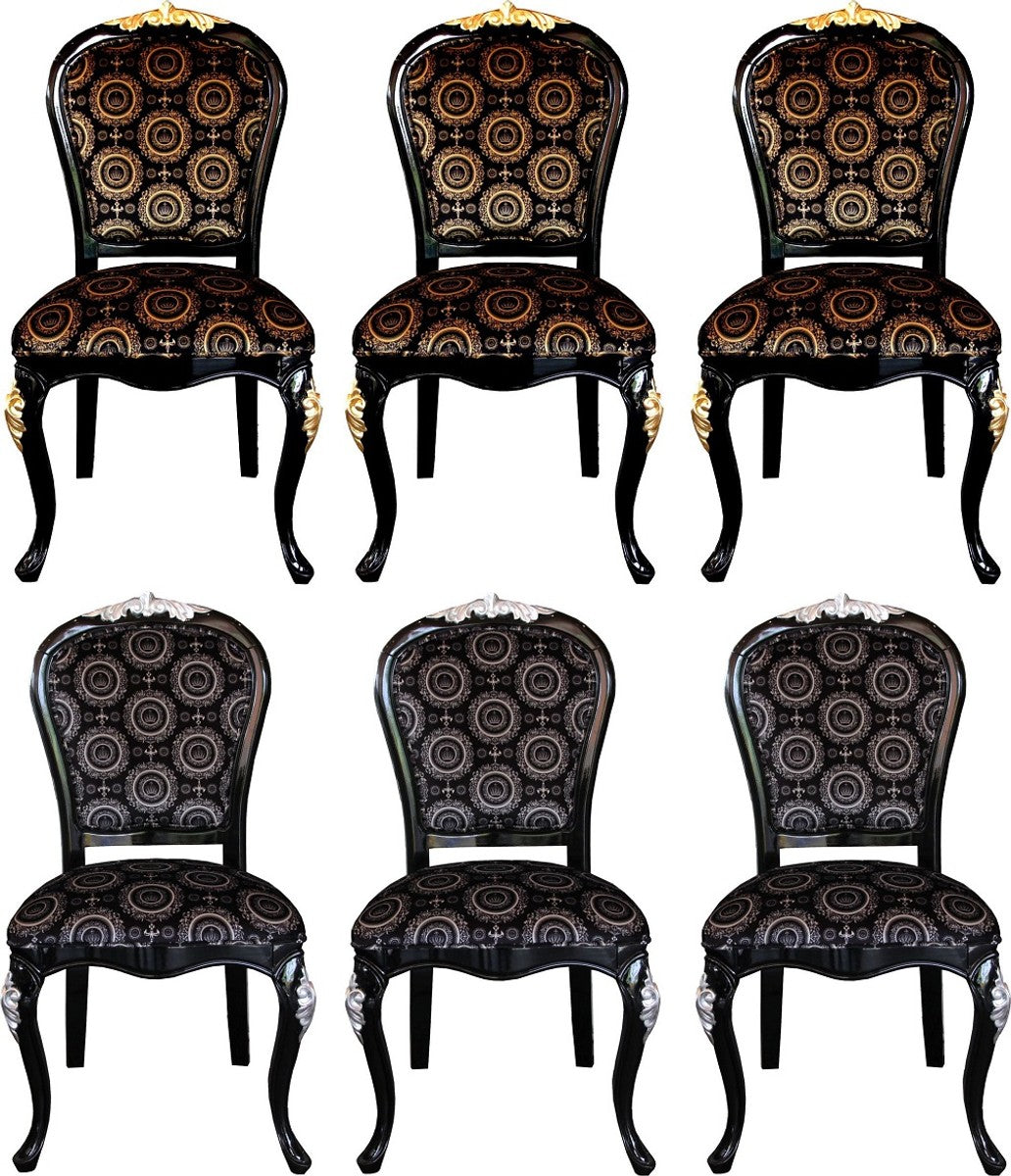 Pompöös by Luxus Barock Esszimmer Stühle mit Krone Schwarz / Gold & Schwarz / Silber ( 6 Stühle) Harald Glööckler Möbel