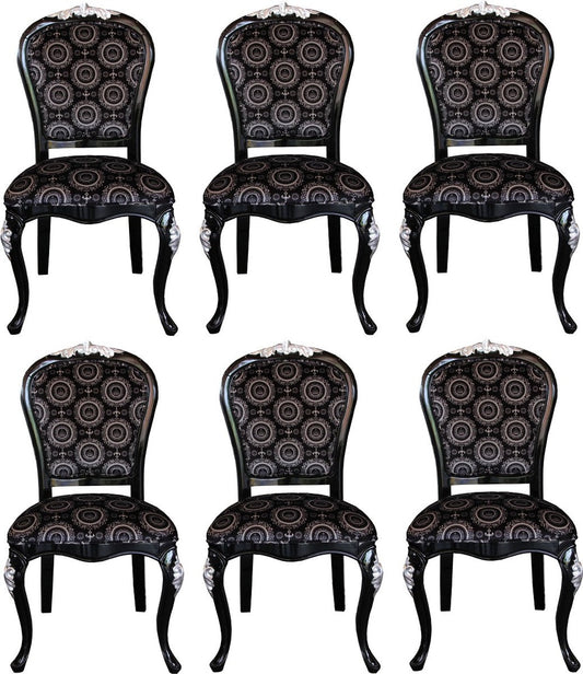 Pompöös by Luxus Barock Esszimmerstühle mit Krone Schwarz / Silber - Pompööse Barock Stühle designed by Harald Glööckler - 6 Esszimmerstühle - Barock Esszimmermöbel