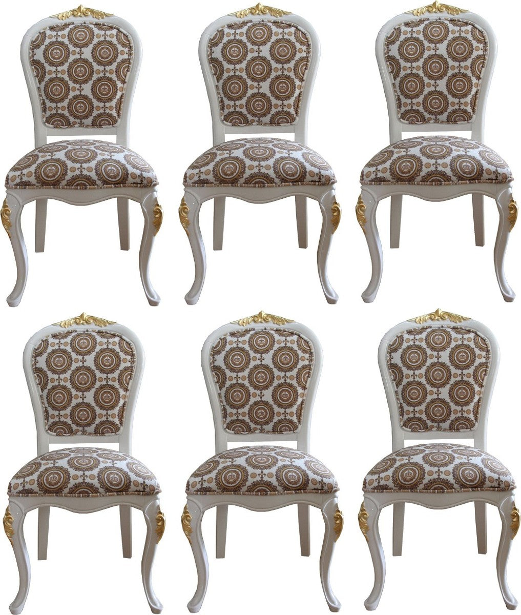 Pompöös by Luxus Barock Esszimmerstühle mit Krone Weiß / Gold - Pompööse Barock Stühle designed by Harald Glööckler - 6 Esszimmerstühle - Barock Esszimmermöbel