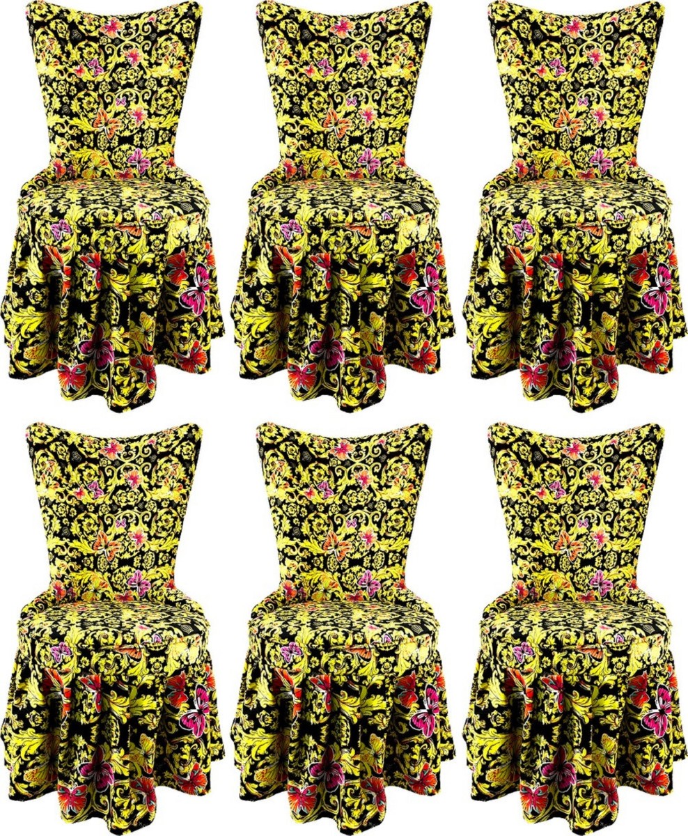 Pompöös by Luxus Barock Schloss Esszimmerstühle Butterflies & Flowers Mehrfarbig / Schwarz / Gold - Pompööse Barock Stühle designed by Harald Glööckler - 6 Esszimmerstühle - Barock Möbel