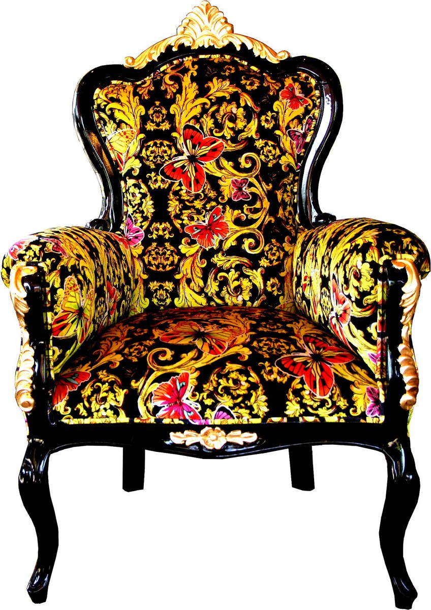 Pompöös by Luxus Barock Sessel Bergere Butterfly & Flower Design / Schwarz / Gold - Pompööser Barock Sessel designed by Harald Glööckler B!