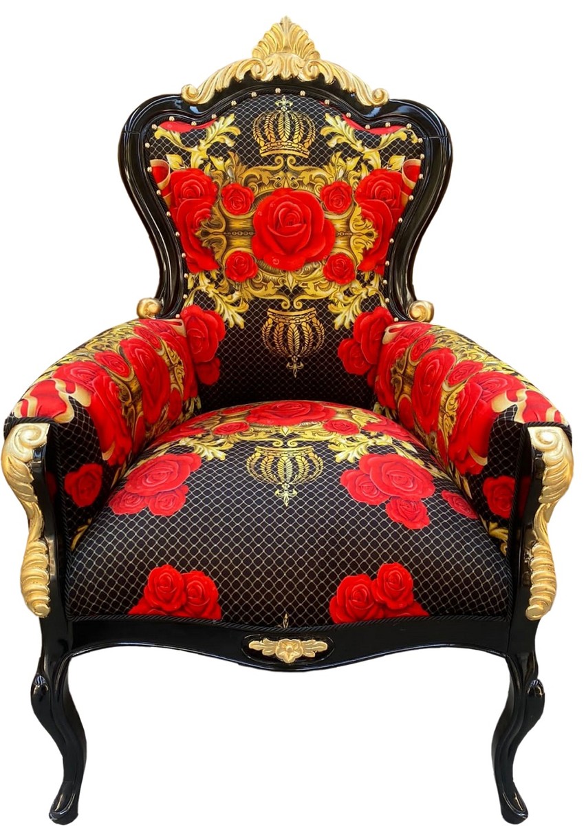 Pompöös by Luxus Barock Sessel Rosen Schwarz / Rot / Gold - Pompööser Barock Sessel designed by Harald Glööckler