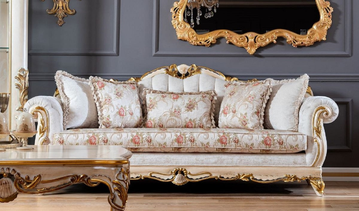 Pompöös by Luxus Barock Wohnzimmer Sofa Provence Weiß / Beige / Gold - Pompööses Barockstil Sofa designed by Harald Glööckler