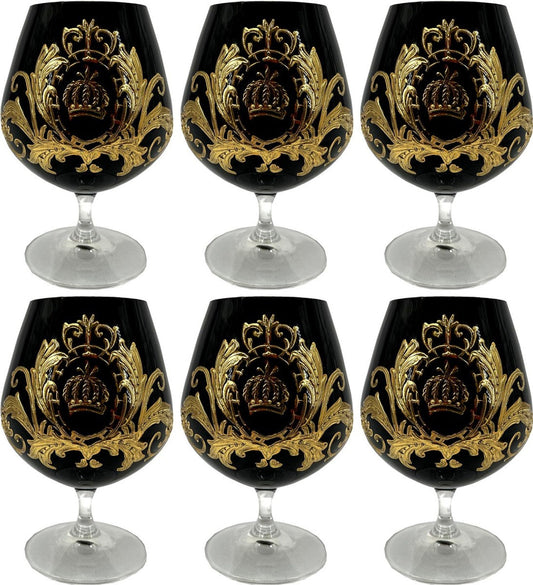 Pompöös by Luxus Cognacglas Set Schwarz / Gold Ø 9 x H. 14,5 cm - Cognacgläser mit 24 Karat Vergoldung - Pompööse Gläser designed by Harald Glööckler