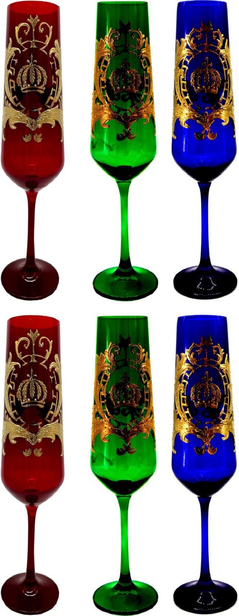 Pompöös by Luxus Champagnerglas Set Bordeauxrot / Dunkelgrün / Royalblau Ø 6 x H. 25 cm - Champagnergläser mit 24 Karat Vergoldung - Pompööse Gläser designed by Harald Glööckler