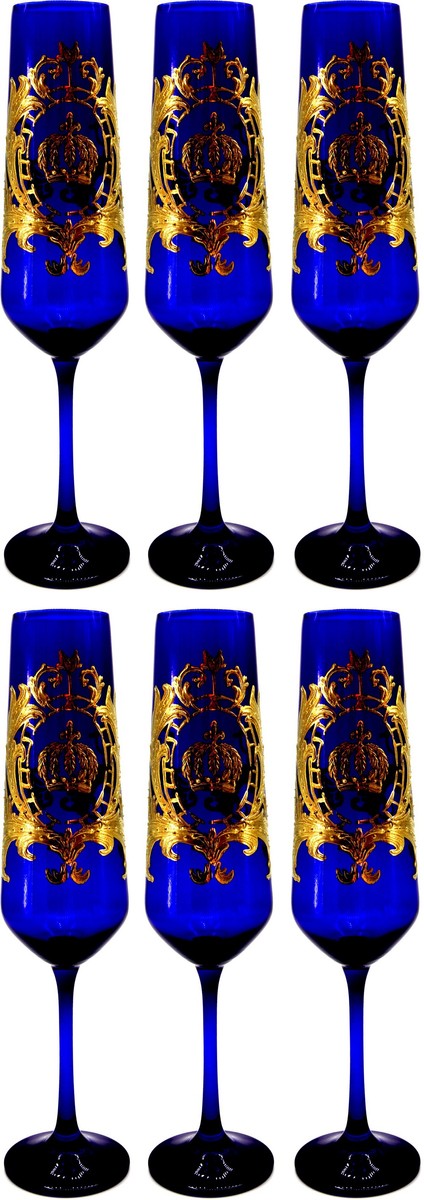 Pompöös by Luxus Champagnerglas Set Royalblau / Gold Ø 6 x H. 25 cm - Champagnergläser mit 24 Karat Vergoldung - Pompööse Gläser designed by Harald Glööckler