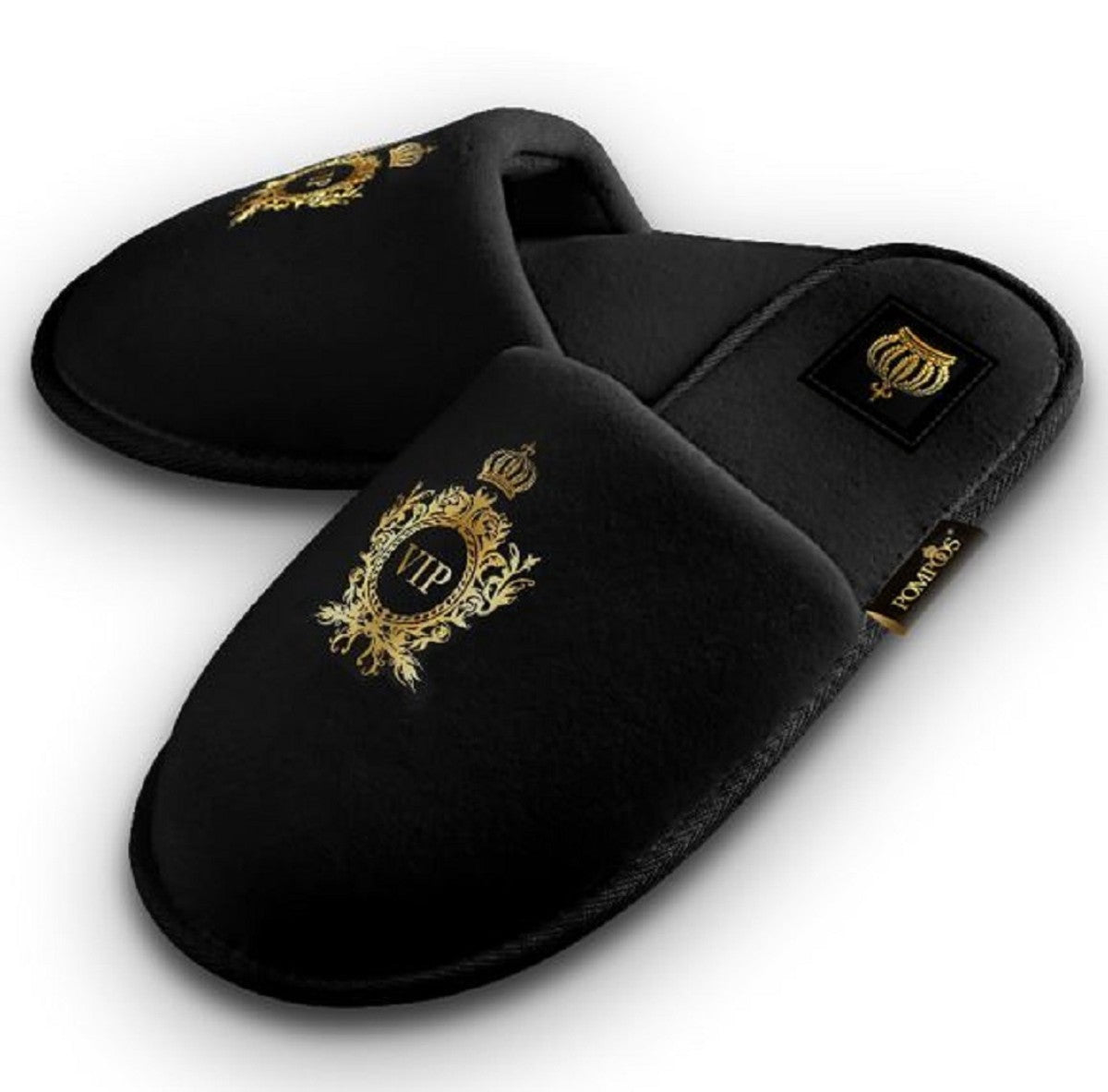 Pompöös by Luxus Herren VIP Hotelslipper mit Krone Schwarz / Gold - designed by Harald Glööckler
