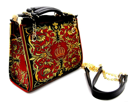 Pompöös by Luxus Damen Handtasche Baroque Flowers mit Krone und Strass Steine Bordeauxrot / Schwarz / Gold 25 x H. 20 cm - designed by Harald Glööckler