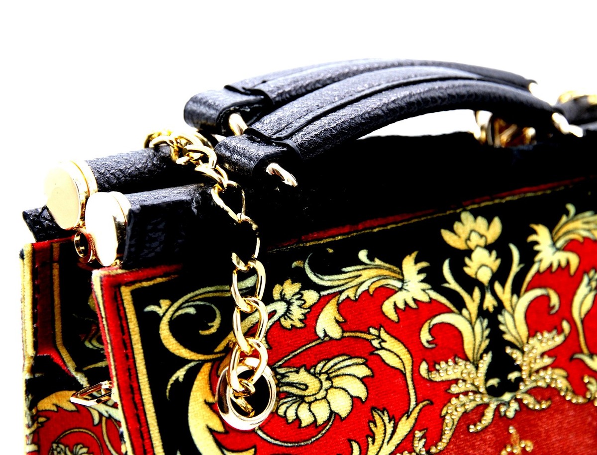 Pompöös by Luxus Damen Handtasche Baroque Flowers mit Krone und Strass Steine Bordeauxrot / Schwarz / Gold 25 x H. 20 cm - designed by Harald Glööckler