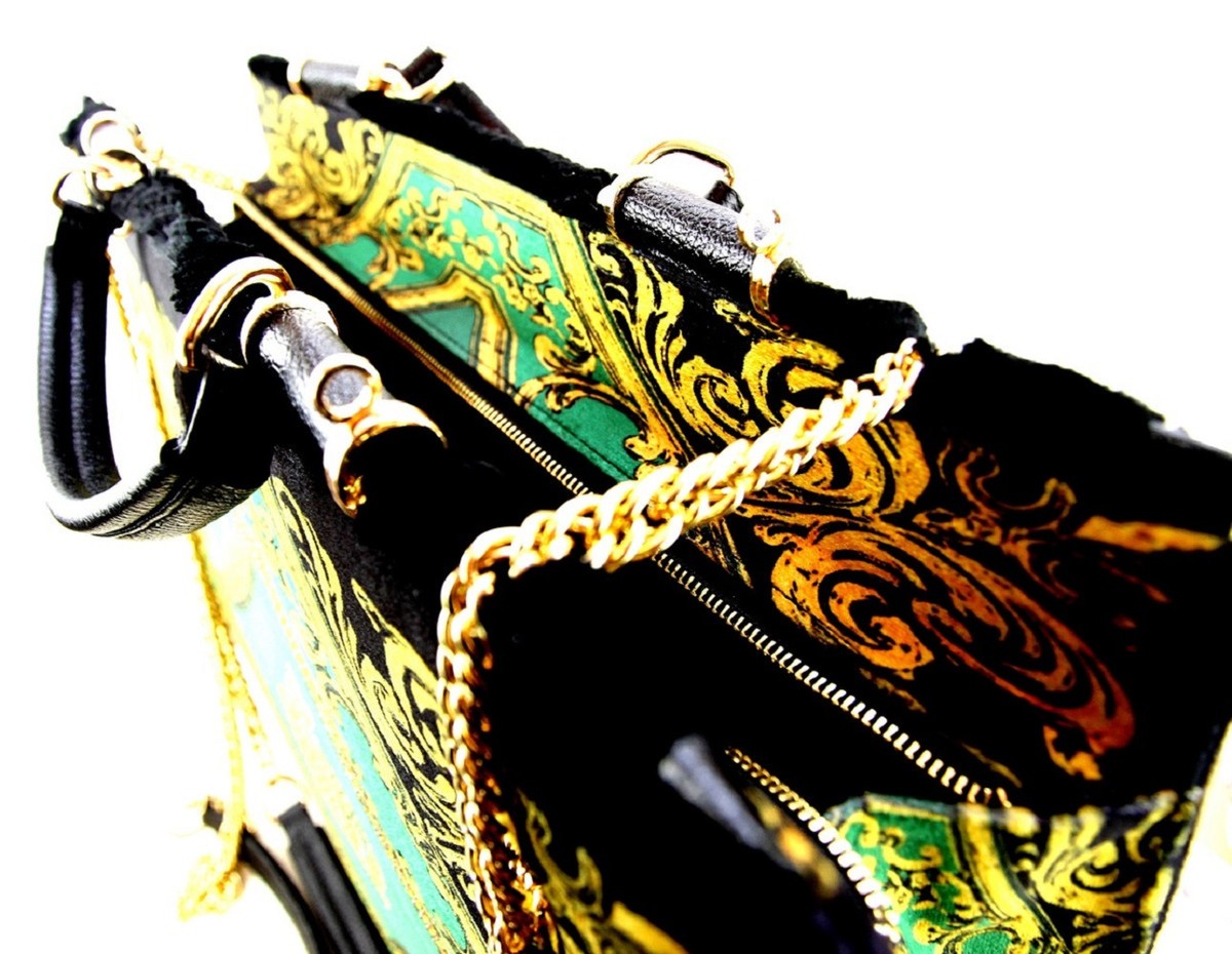 Pompöös by Luxus Damen Handtaschen Set Baroque Flowers mit Krone und Strass Steine Grün / Schwarz / Gold - Pompööse Damen Handtaschen designed by Harald Glööckler