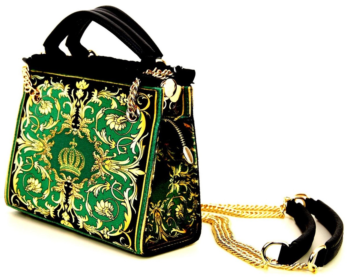 Pompöös by Luxus Damen Handtasche Baroque Flowers mit Krone und Strass Steine Grün / Schwarz / Gold 25 x H. 20 cm - designed by Harald Glööckler