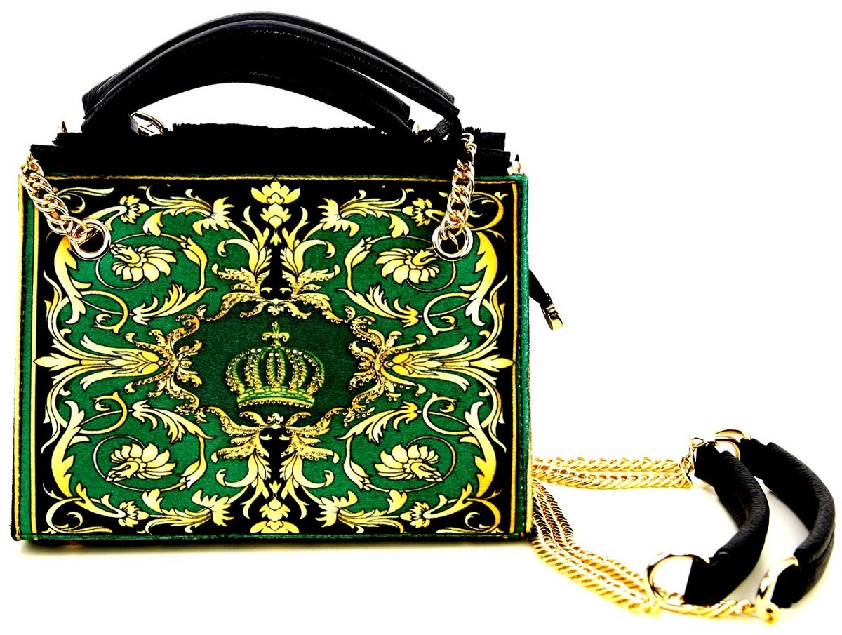 Pompöös by Luxus Damen Handtasche Baroque Flowers mit Krone und Strass Steine Grün / Schwarz / Gold 25 x H. 20 cm - designed by Harald Glööckler