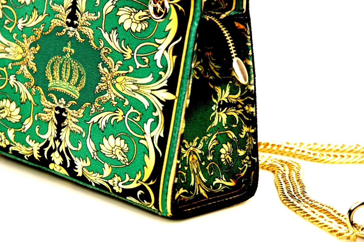 Pompöös by Luxus Damen Handtasche Baroque Flowers mit Krone und Strass Steine Grün / Schwarz / Gold 25 x H. 20 cm - designed by Harald Glööckler
