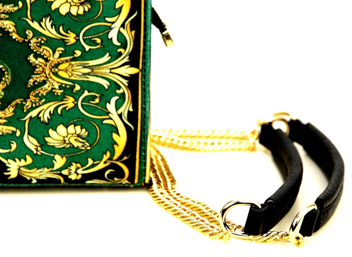 Pompöös by Luxus Damen Handtasche Baroque Flowers mit Krone und Strass Steine Grün / Schwarz / Gold 25 x H. 20 cm - designed by Harald Glööckler
