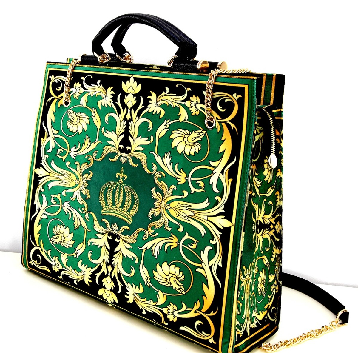 Pompöös by Luxus Damen Handtasche Baroque Flowers mit Krone und Strass Steinen Grün / Schwarz / Gold 43 x H. 43 cm - designed by Harald Glööckler