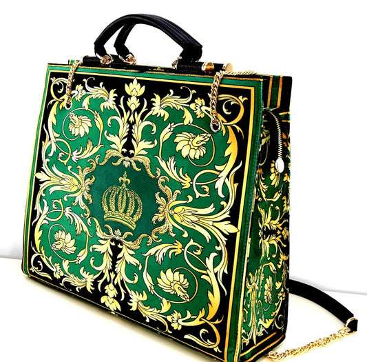 Pompöös by Luxus Damen Handtasche Baroque Flowers mit Krone und Strass Steinen Grün / Schwarz / Gold 43 x H. 43 cm - designed by Harald Glööckler