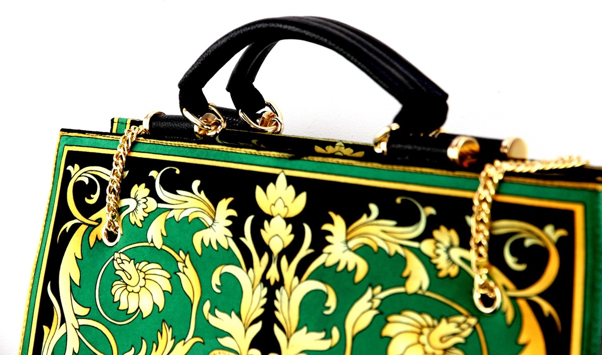Pompöös by Luxus Damen Handtasche Baroque Flowers mit Krone und Strass Steinen Grün / Schwarz / Gold 43 x H. 43 cm - designed by Harald Glööckler