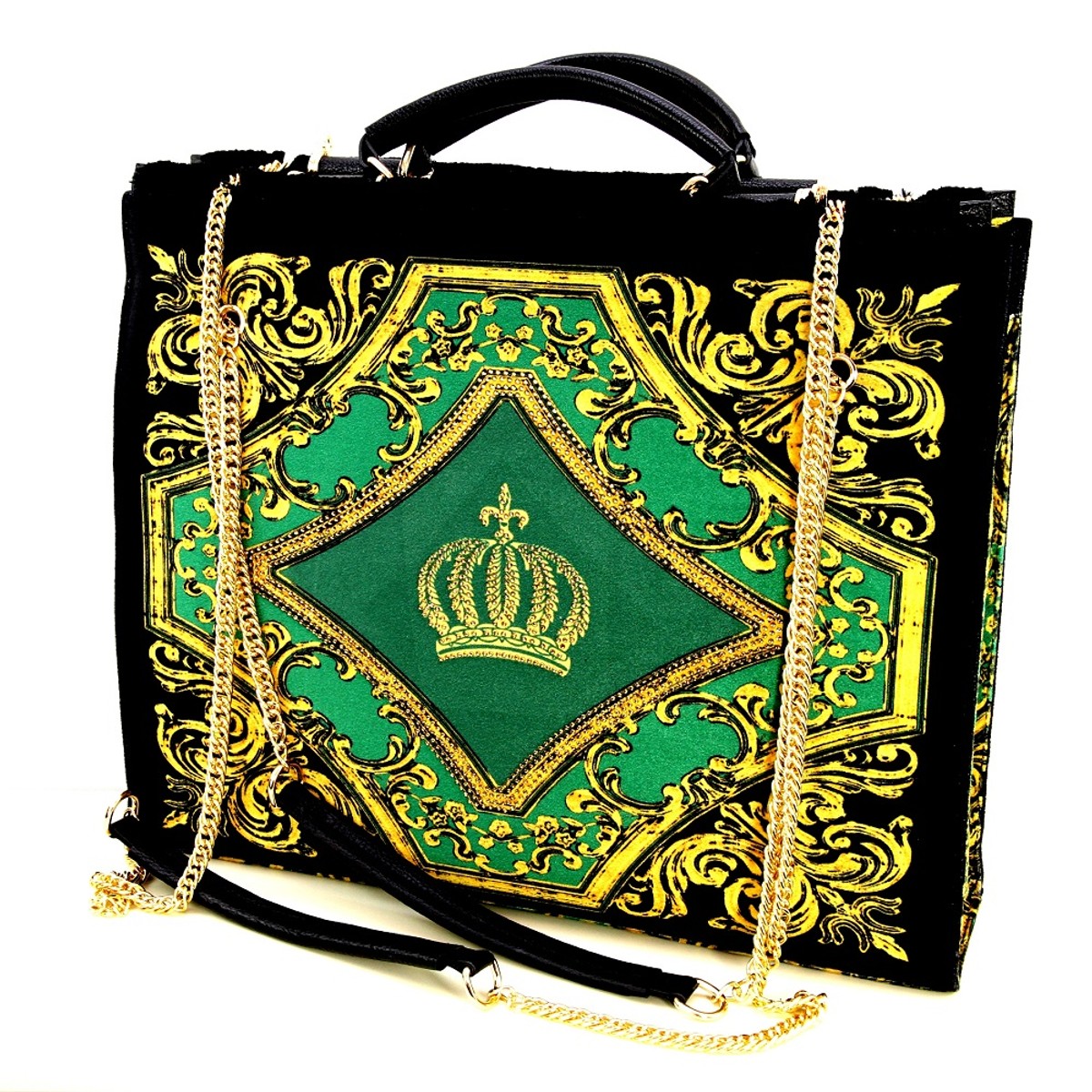 Pompöös by Luxus Damen Handtasche Krone und Glitzersteine Grün / Schwarz / Gold 43 x H. 43 cm - designed by Harald Glööckler