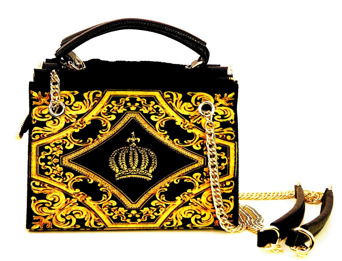 Pompöös by Luxus Damen Handtasche Krone und Strass Steine Schwarz / Gold 25 x H. 20 cm - designed by Harald Glööckler