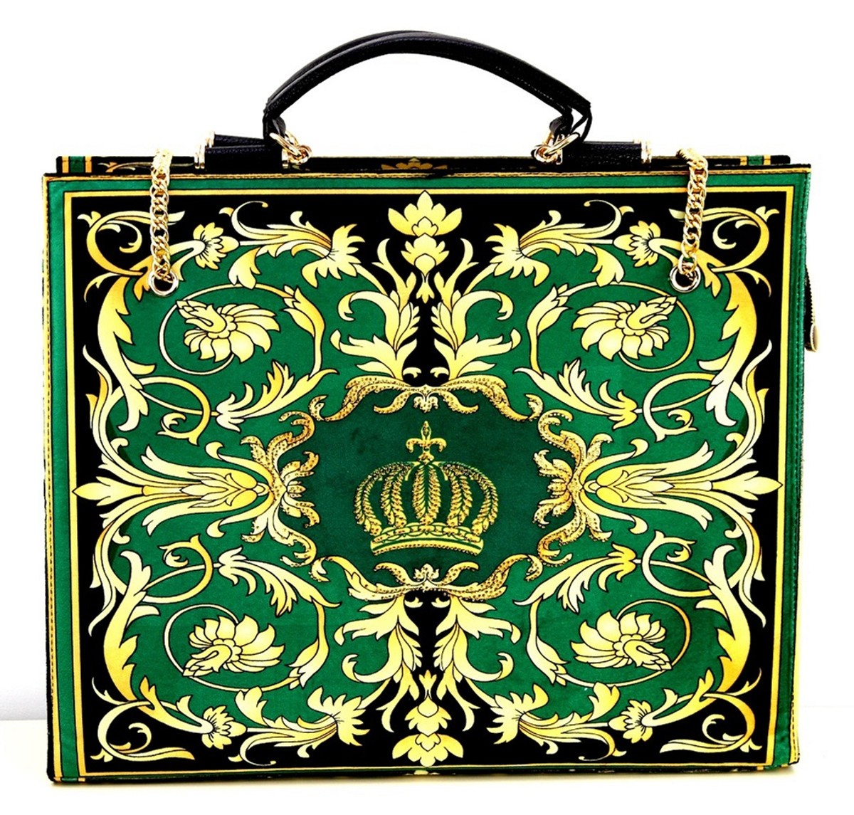 Pompöös by Damen Luxus Handtaschen Set Baroque Flowers mit Krone und Strass Steine Grün / Schwarz / Gold - Pompööse Damen Handtaschen designed by Harald Glööckler