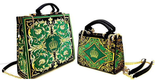 Pompöös by Damen Luxus Handtaschen Set Baroque Flowers mit Krone und Strass Steine Grün / Schwarz / Gold - Pompööse Damen Handtaschen designed by Harald Glööckler