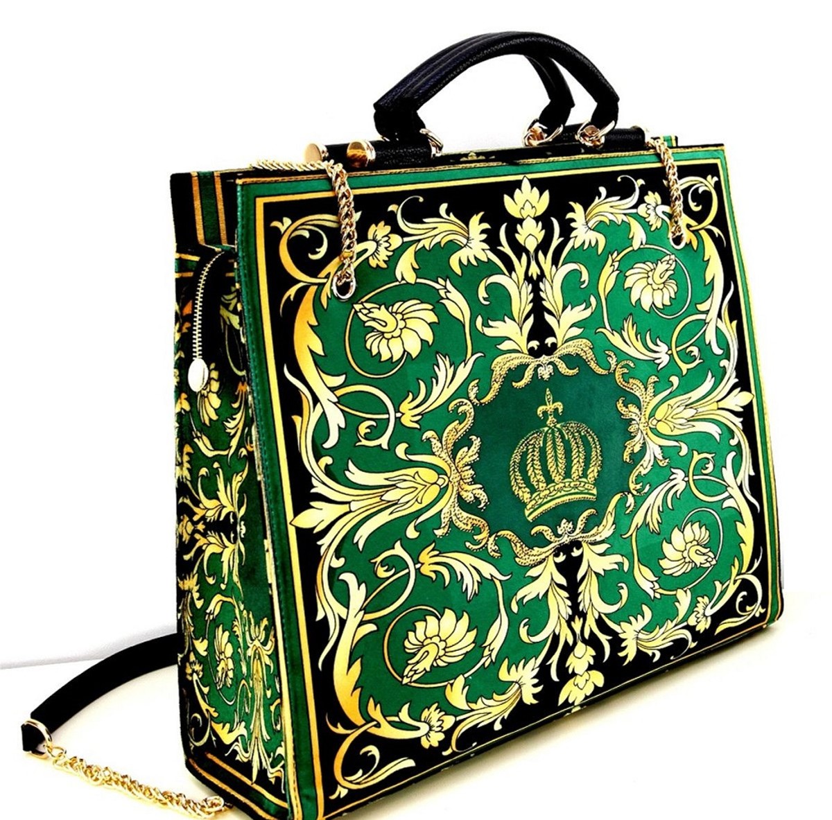 Pompöös by Damen Luxus Handtaschen Set Baroque Flowers mit Krone und Strass Steine Grün / Schwarz / Gold - Pompööse Damen Handtaschen designed by Harald Glööckler