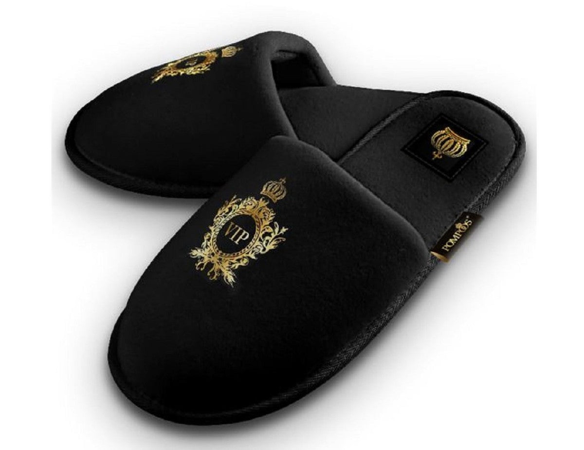 Pompöös by Luxus Damen VIP Hotelslipper mit Krone Schwarz / Gold - designed by Harald Glööckler
