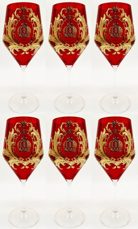 Pompöös by Luxus Rotweinglas Set Rot / Gold Ø 8,7 x H. 20,3 cm - Weingläser mit 24 Karat Vergoldung - Pompööse Weingläser designed by Harald Glööckler