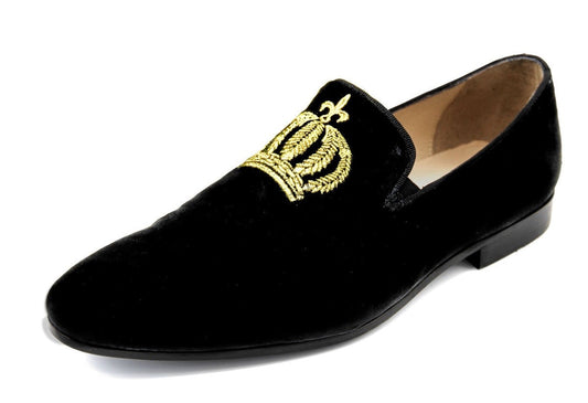 Pompöös by Luxus Samt Slipper Krone Schwarz / Gold - Verschiedene Schuhgrößen - designed by Harald Glööckler