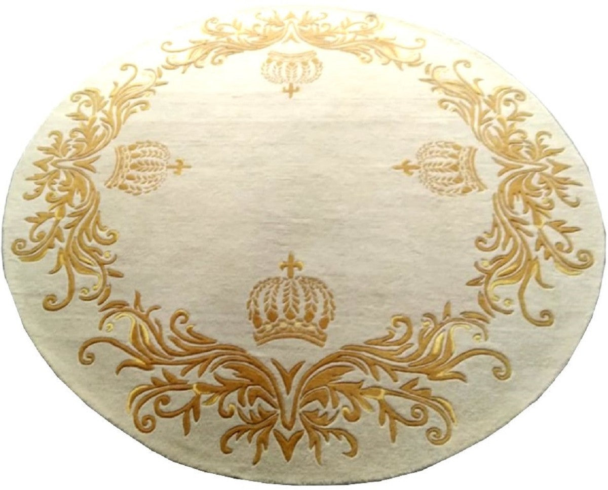 Pompöös by Luxus Teppich von Harald Glööckler Krone Creme / Gold Ø 260 cm - Runder Barock Design Teppich - Handgewebt aus Wolle