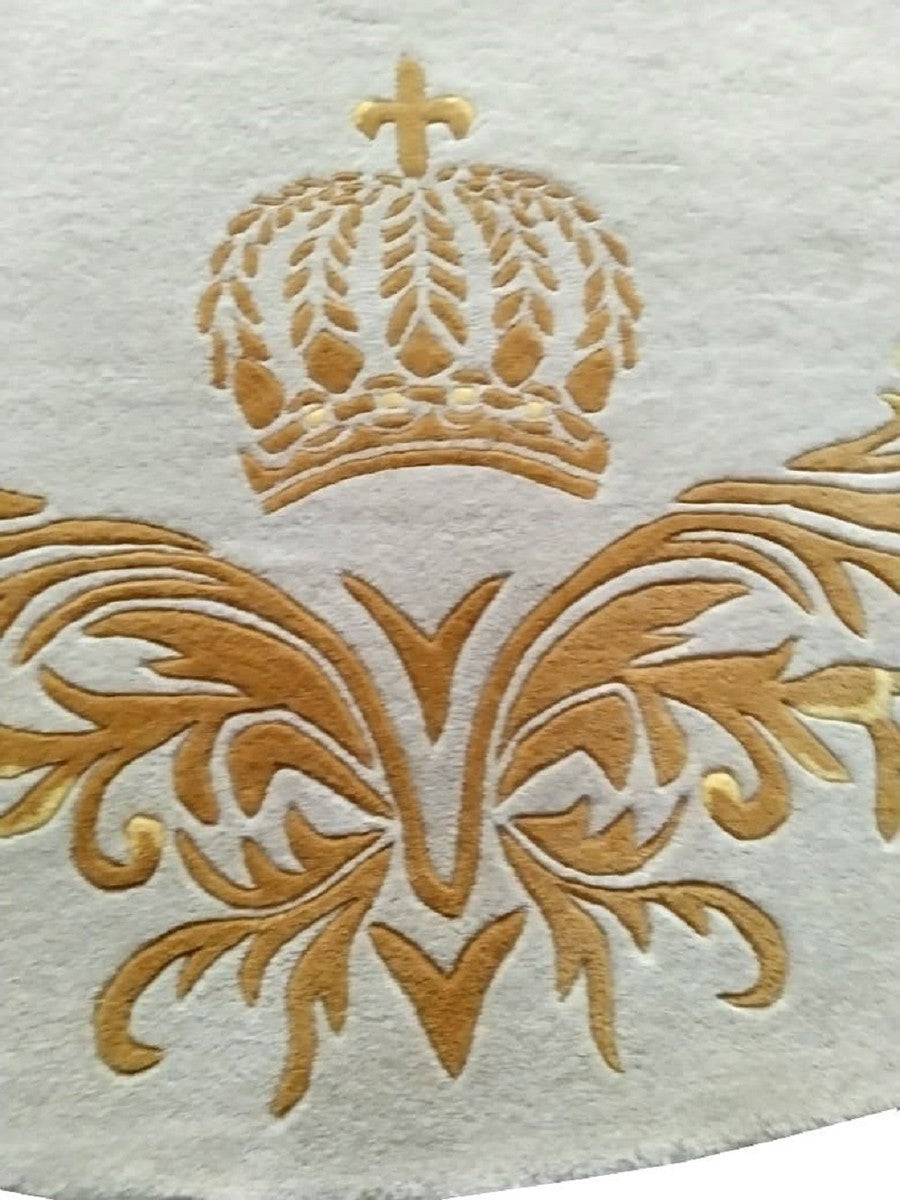 Pompöös by Luxus Teppich von Harald Glööckler Krone Creme / Gold Ø 260 cm - Runder Barock Design Teppich - Handgewebt aus Wolle