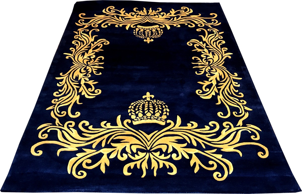 Pompöös by Luxus Teppich von Harald Glööckler 200 x 290 cm Krone Royalblau / Gold - Barock Design Teppich - Handgewebt aus Wolle