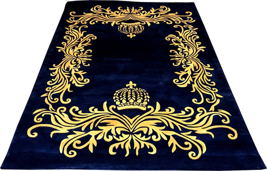 Pompöös by Luxus Teppich von Harald Glööckler 200 x 290 cm Krone Royalblau / Gold - Barock Design Teppich - Handgewebt aus Wolle