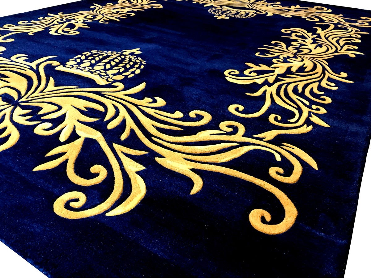 Pompöös by Luxus Teppich von Harald Glööckler 200 x 290 cm Krone Royalblau / Gold - Barock Design Teppich - Handgewebt aus Wolle