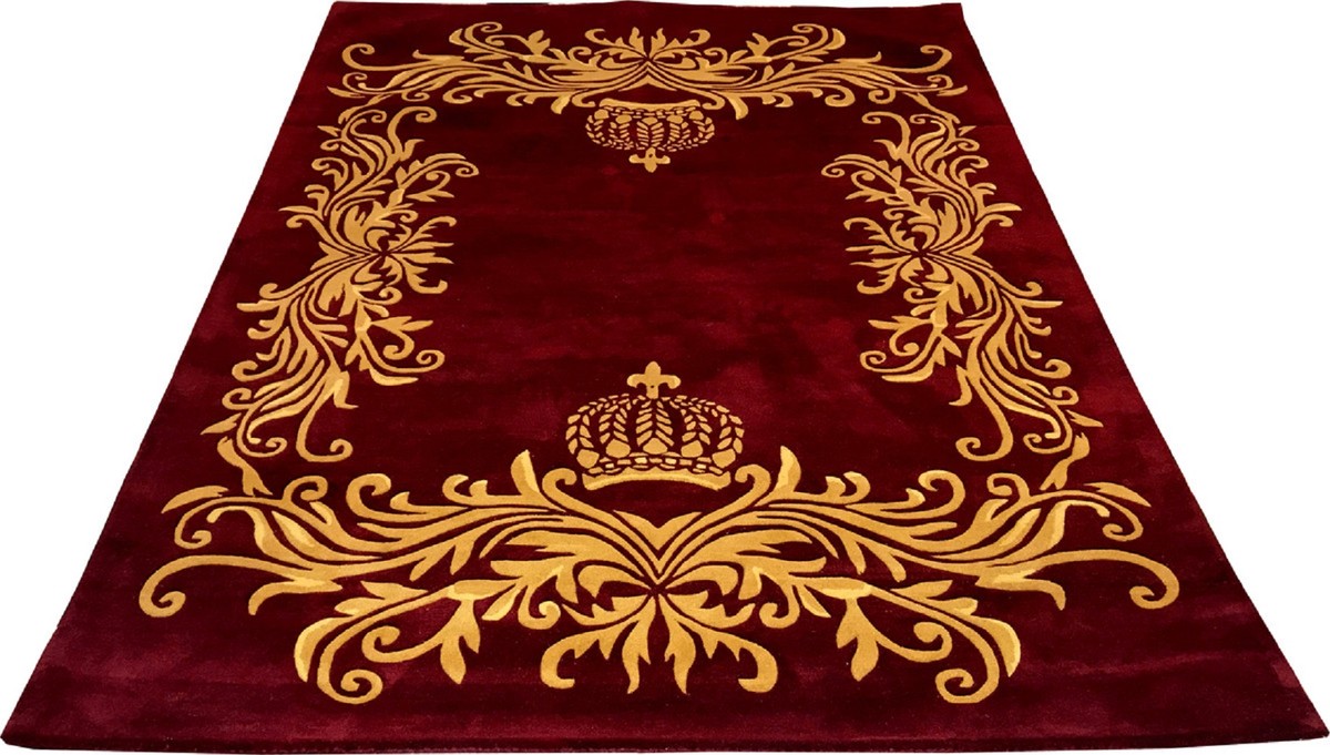 Pompöös by Luxus Teppich von Harald Glööckler 80 x 150 cm Krone Bordeauxrot / Gold - Barock Design Teppich - Handgewebt aus Wolle