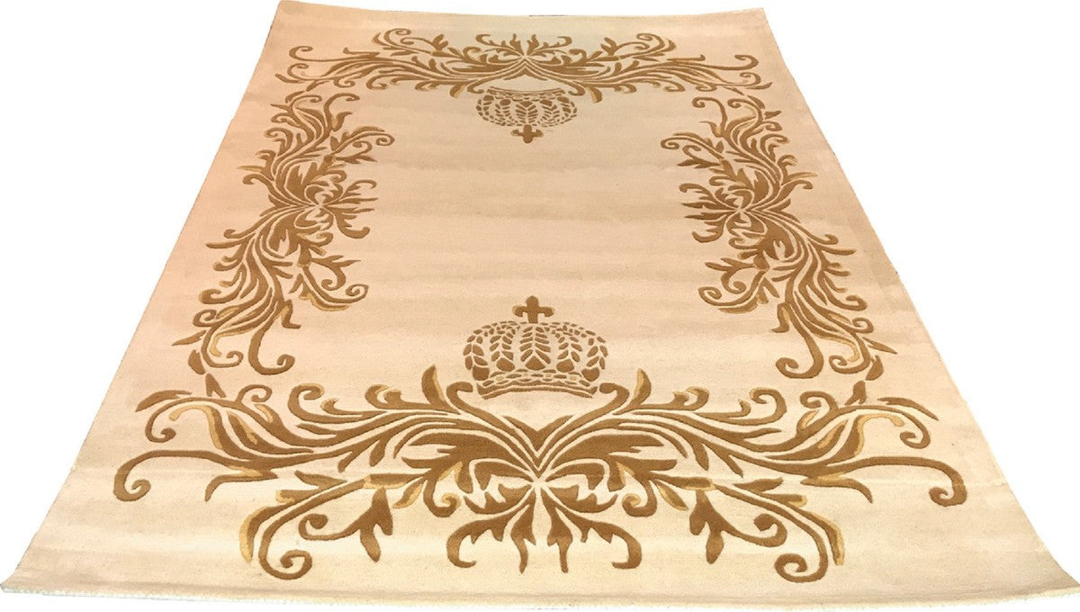 Pompöös by Luxus Teppich von Harald Glööckler - ALLE GRÖßEN - Krone Creme / Gold - Barock Design Teppich - Handgewebt aus Wolle
