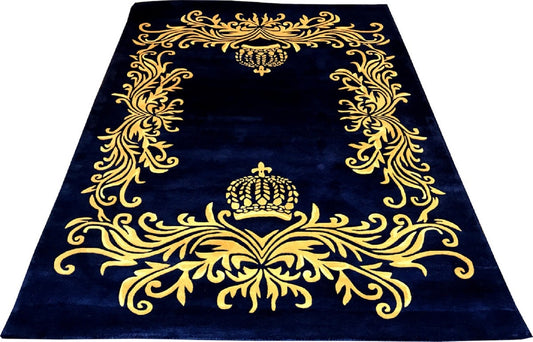 Pompöös by Luxus Teppich von Harald Glööckler - ALLE GRÖßEN - Krone Royalblau / Gold - Barock Design Teppich - Handgewebt aus Wolle