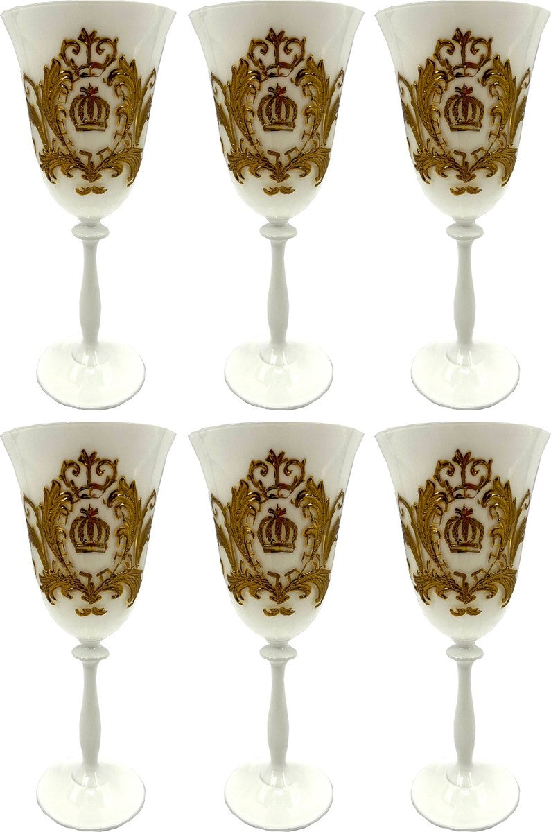 Pompöös by Luxus Barock Weinglas Set Weß / Gold Ø 8,7 x H. 20,3 cm - Weingläser mit 24 Karat Vergoldung - Pompööse Weingläser designed by Harald Glööckler - Luxus Designer Weingläser