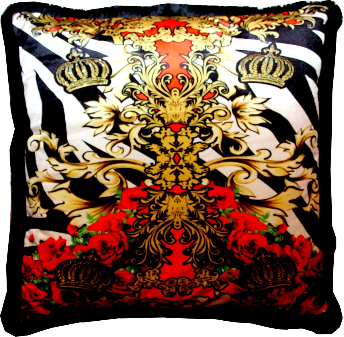 Riesiges XXL Luxus Barock Kissen Crowns & Roses Pompöös by von Harald Glööckler 80 x 80 cm mit funkelnden Glitzersteinen