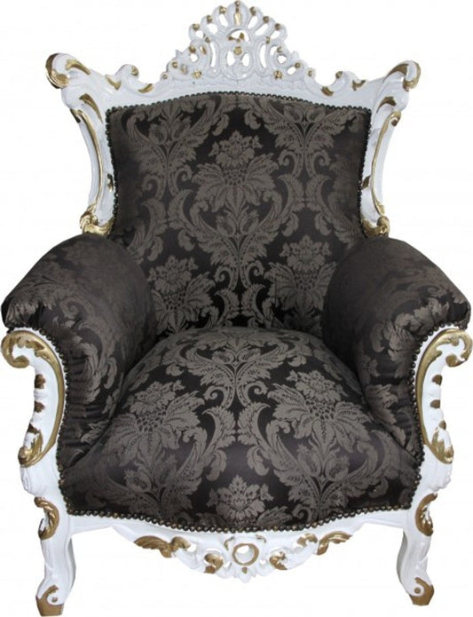 Barock Sessel Al Capone Schwarz Muster / Weiß mit Gold Bemalung - Antik Stil Wohnzimmer Möbel - Limited Edition