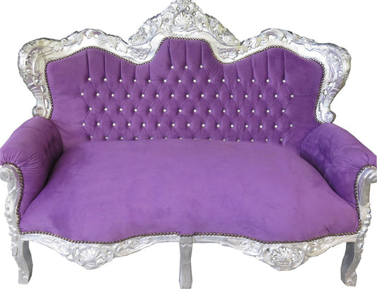Barock 2-er Sofa King Lila / Silber mit Bling Bling Glitzersteinen