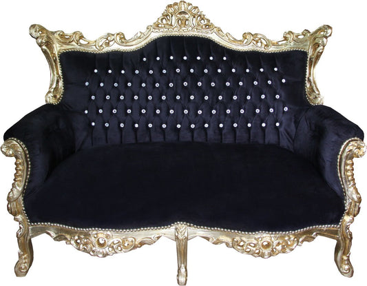 Barock 2-er Sofa Master Schwarz / Gold mit großen Bling Bling Glitzersteinen - Antik Stil Möbel