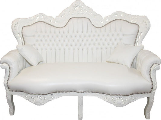 Barock 2er Sofa Master Weiß Lederoptik - Wohnzimmer Couch Möbel Lounge